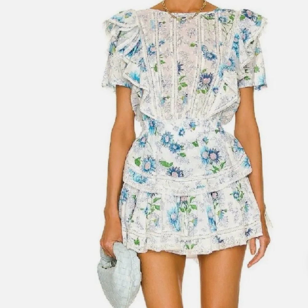 LoveShackFancy Natasha Ruffle Mini Dress in Blueberry Cloud Size XS NEW